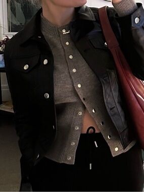 LAB Cropped Real Leather Button Down Moto Jacket